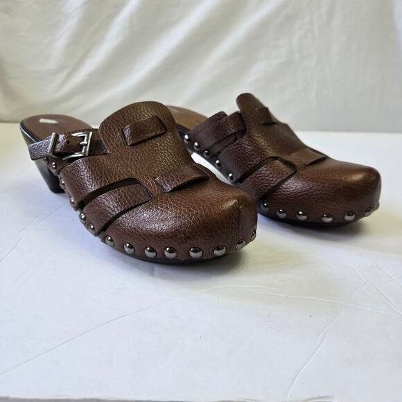 Nine West Brown Leather Clogs Size 6M Studded Buckle Vtg Y2K Boho Western Mules - Picture 1 of 10